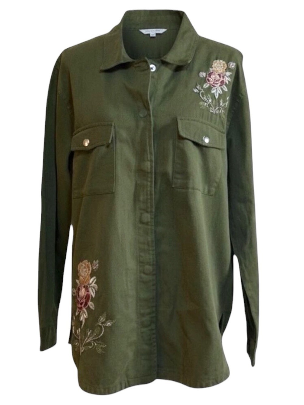 Long Sleeve Embroidered Button Down Women’s L Army Green